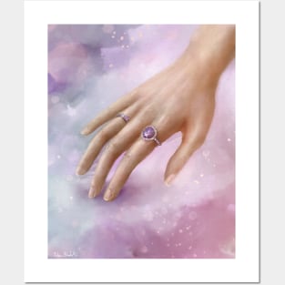 Female Hand With Purple Rings Touching a Soft Purple Fabric Posters and Art